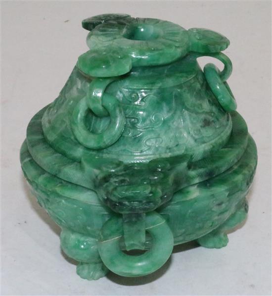 A good Chinese archaistic green jadeite censer and cover, Ding, 19th / 20th century, weight 1.6kg, width 16.7cm, height 13cm